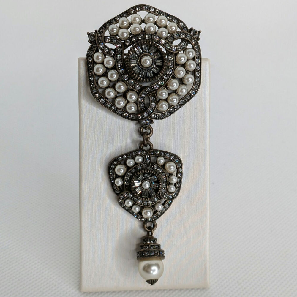 Heidi Daus Brooch Pin Swarovski Crystals Rhinestones And Faux Pearls 4” Retired